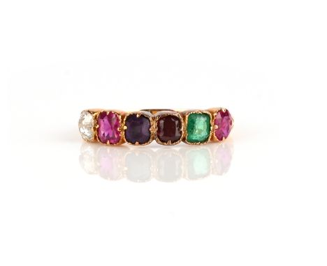 A gem-set acrostic ring, 19th century, set with a sequence of cushion-shaped stones including ruby, emerald, garnet, amethyst