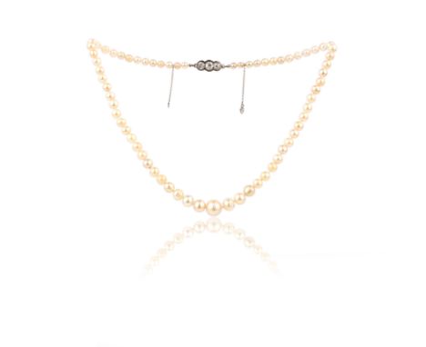 A natural pearl and diamond necklace, designed as a single row of graduated natural pearls measuring approximately 3.8-9.7mm,