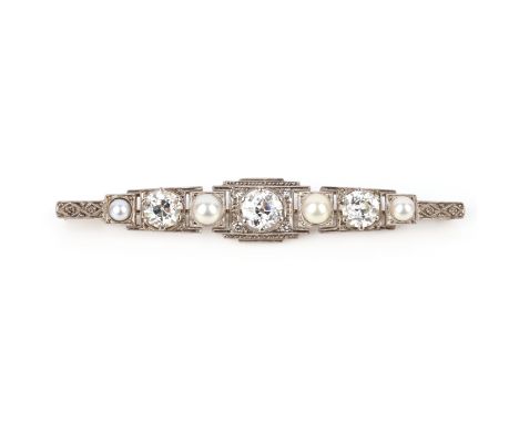 An Art Deco pearl and diamond bar brooch, early 20th century, of geometric design with millegrain borders, set with circular-