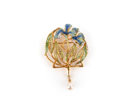 Masriera, an enamel and diamond brooch, designed in the Art Nouveau style as a Morning Glory vine, the flowers in blue enamel