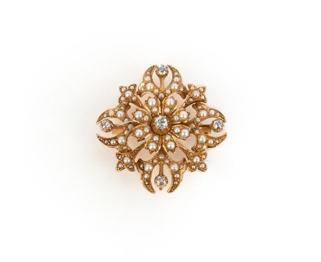 A Victorian seed pearl and diamond brooch, set with diamonds and seed pearls in a gold quatrefoil design, 3.2cm wide