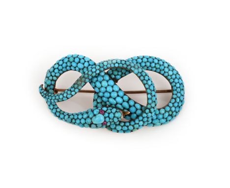 A turquoise and ruby brooch, mid 19th century, designed as a coiled snake, its body pavé-set with turquoise cabochons, its ey
