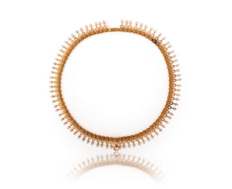A Victorian pearl-set gold collar necklace, the fringe formed from small cannetille discs each suspending two seed pearls in 