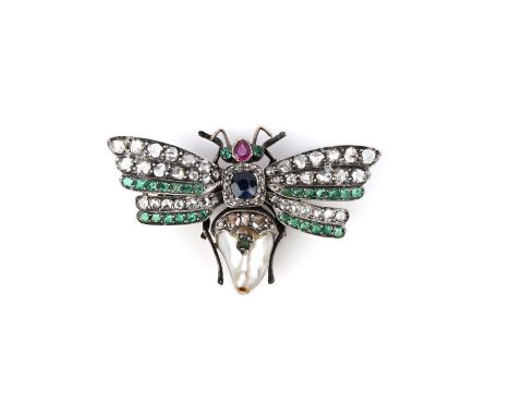 A gem-set, pearl and diamond brooch, late 19th century, designed as a bee in flight, set with cushion-shaped emeralds and sap