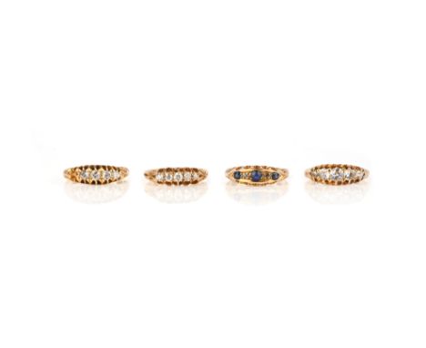 A group of four gold rings, comprising: an 18ct gold ring set with five graduated circular-cut diamonds, size L, stamped 18ct