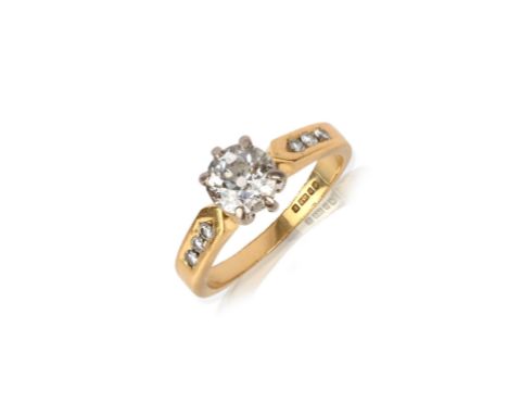 A diamond solitaire ring, the old circular-cut diamond weighs approximately 0.80cts, set with three round brilliant-cut diamo