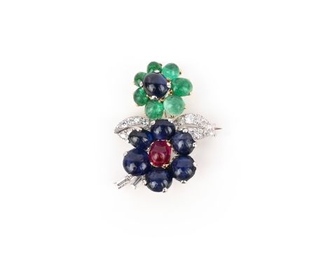 A ruby, emerald, sapphire and diamond brooch, France, mid 20th century, designed as a spray of flowers, set with cabochon sap