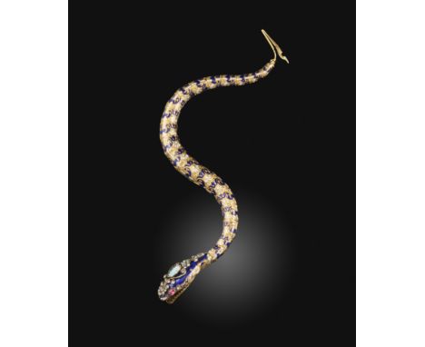 A gold, enamel, ruby, opal and diamond snake bracelet, possibly Switzerland, mid 19th century, designed as a snake biting its