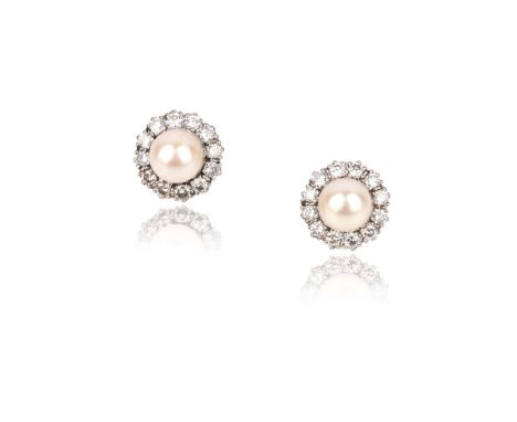 A pair of cultured pearl and diamond ear clips, each set with a cultured pearl within a border of brilliant-cut diamonds, mou