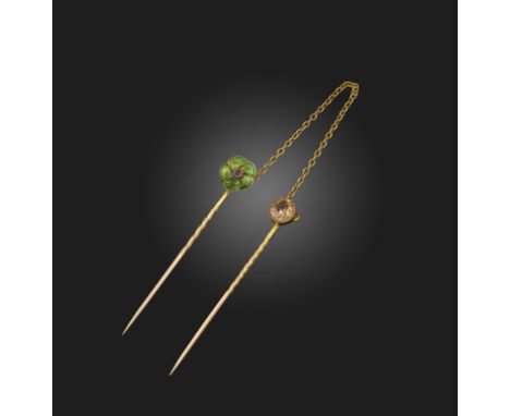 Child &amp; Child, two joined stick pins, circa 1900, one designed as a flower applied with green and yellow basse taille ena