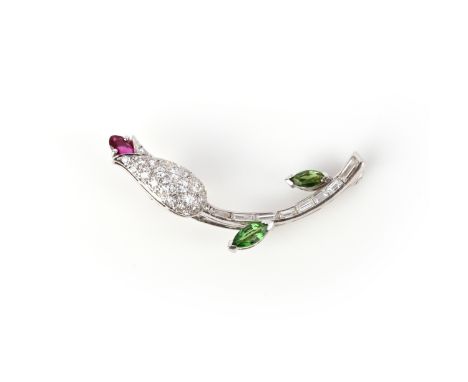 A tsavorite, ruby and diamond brooch, designed as a rosebud, the rosebud and stem set with brilliant-cut and baguette diamond