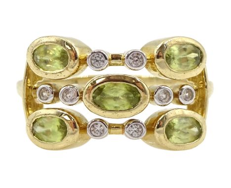 9ct gold oval titanite and white zircon three row openwork ring, hallmarked Condition Report:Approx 3.4gm, size R-S, well pre