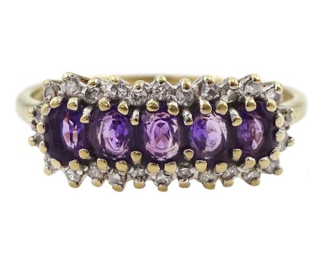 9ct gold five stone oval amethyst and diamond cluster ring, Birmingham 1994Condition Report:Approx 2.7gm, size S, well presen