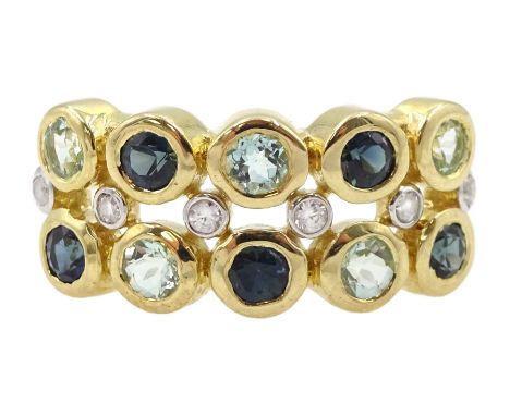 9ct gold round sapphire, beryl and white zircon three row ring, hallmarked Condition Report:Approx 3gm, size R-S, depth = .8m