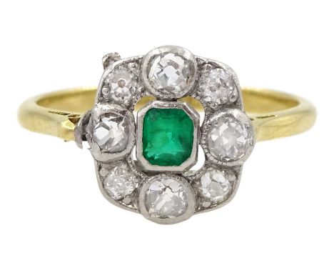 Art Deco 18ct gold milgrain set emerald and old cut diamond cluster ring, stamped 18ct PlatCondition Report:Approx 2.9gm, siz