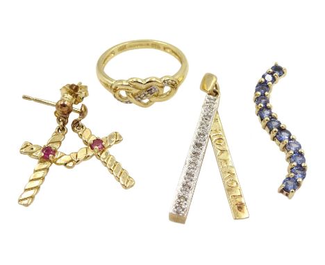 9ct gold jewellery including diamond heart design ring, pair of ruby cross design pendant stud earrings, diamond 'I Love You'
