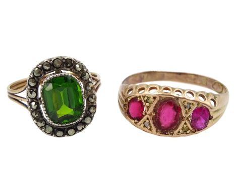 9ct gold three stone pink paste ring, hallmarked and a 15ct gold green paste and marcasite ringCondition Report:9ct approx 2g