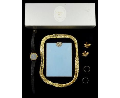 Christian Dior gilt necklace boxed, one other Christian Dior box, platinum wedding band, 9ct gold wedding band, Volupte U.S.A