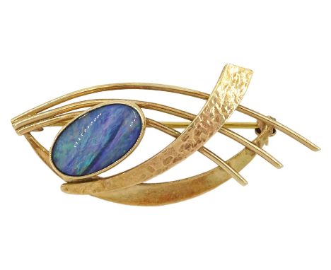 Gold single stone opal brooch, stamped 9ct Condition Report:Approx 6.4gm, tested 9ct also, back pin not gold, length = 50mm