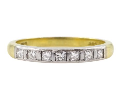 18ct gold channel set, princess cut seven stone diamond ring, London 1992Condition Report:Approx 2.65gm, size M-N, max depth=