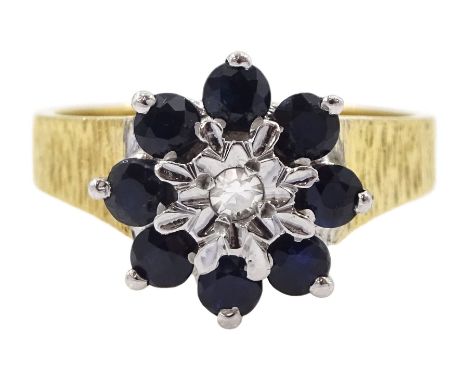 18ct gold sapphire and diamond cluster ring, London 1974 Condition Report:Approx 4.95gm, size L-M, head diameter = 10.3mm, go