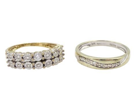 Gold two row illusion set diamond ring and a gold diamond wave design ring, both hallmarked 9ctCondition Report:Approx 5.1gm,