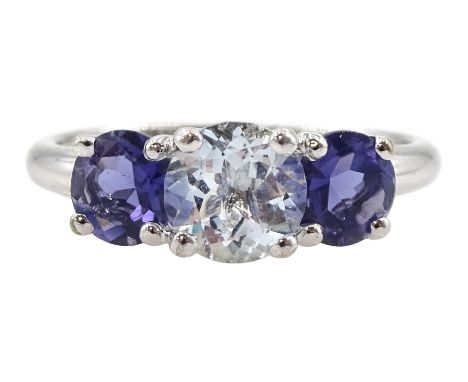 9ct white gold two colour blue stone trilogy ring, hallmarked Condition Report:Approx 1.9gm, size N, well presented ring in g