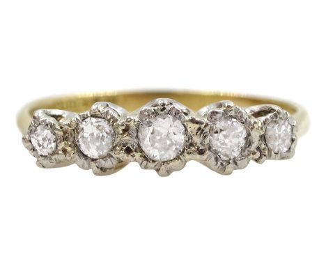 Early 20th century gold five stone old cut diamond ring, stamped 18ct PlatCondition Report:Approx 2.35gm, size Q-R, max depth