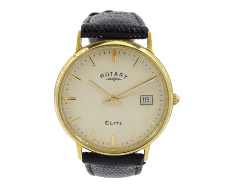 Rotary Elite gentleman's 18ct gold quartz wristwatch, cream dial with date aperture, on black leather strapCondition Report:A