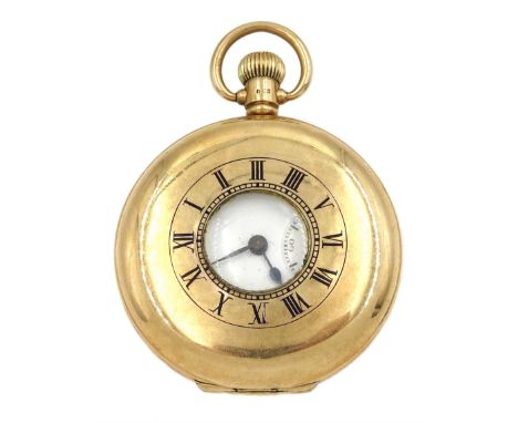 Early 20th century 9ct gold half hunter keyless Swiss lever pocket watch, movement signed Buren, white enamel dial with Roman