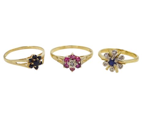 Gold diamond and sapphire cluster ring, stamped 18ct, gold sapphire cluster ring and a gold ruby and diamond cluster ring, bo