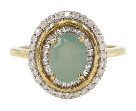 9ct gold oval green stone, baguette and round brilliant cut diamond cluster ring, hallmarked Condition Report:Approx 3gm, siz