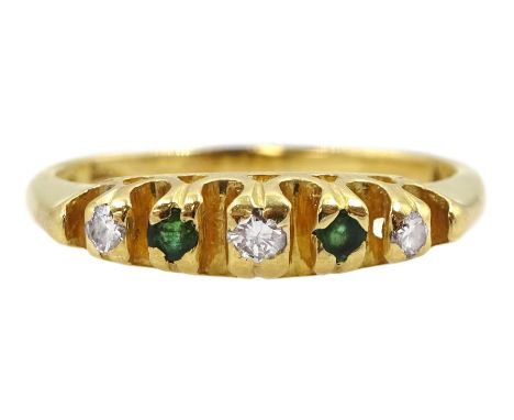 Gold five stone emerald and round brilliant cut diamond ring, stamped 18ctCondition Report:Approx 2.9gm, size N-O, band depth