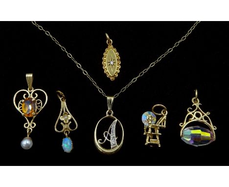 Five 9ct gold stone set pendants including diamond, opal and pearl and a 9ct gold diamond initial pendant necklaceCondition R