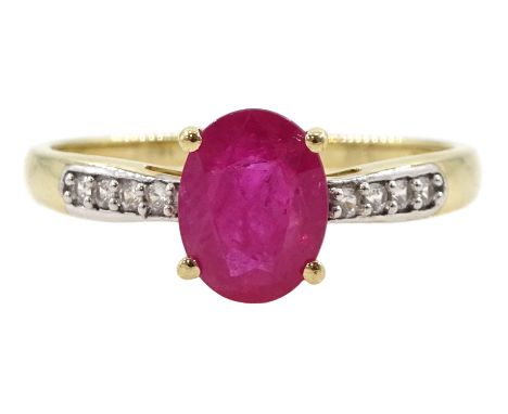 9ct gold single stone oval ruby ring, with cubic zirconia set shoulders, hallmarked Condition Report:Approx 2.05gm, size S, r