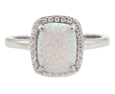 Silver rectangular opal and cubic zirconia cluster ring, stamped 925 Condition Report:Size M-N, overall head = 11.5mm x 10mm,