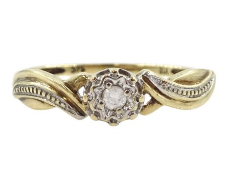 9ct gold single stone diamond ring, with crossover design shoulders, hallmarked Condition Report:Approx 1.3gm, size O-P, shan