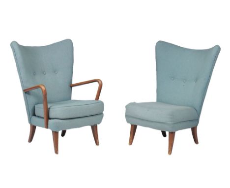  Howard Keith for H K Furniture Ltd, an armchair and matching side chair,   stained beech and upholstery, 1950s, 91cm high 