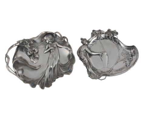  Two WMF pewter figural visiting card trays,   the first model no. 290, with a maiden in a flowing dress and irises with arch