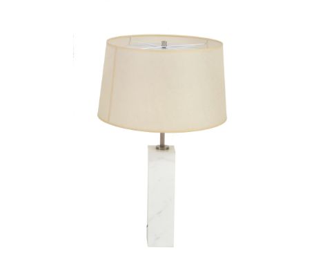  A white marble tall rectangular table lamp,   1970s, with a parchment drum shade, 62cm high to top of shade 