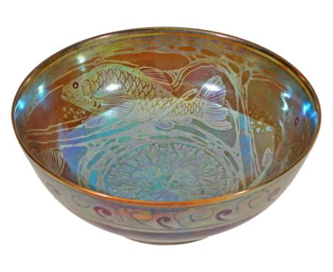  A Pilkington's Royal Lancastrian lustre bowl,   decorated by Richard Joyce, date cypher for 1911, the interior green and pai