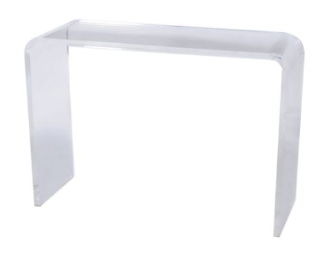  A perspex or lucite console table,   of recent manufacture, of inverted U shape, 74cm high, 107cm wide, 38cm deep 