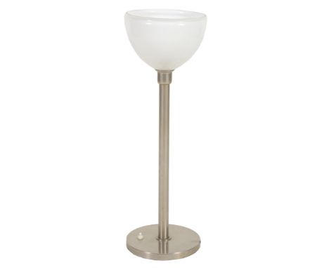  A tulip form table uplighter lamp,   1950s, white glass and chromium plated steel, 68cm high overall  