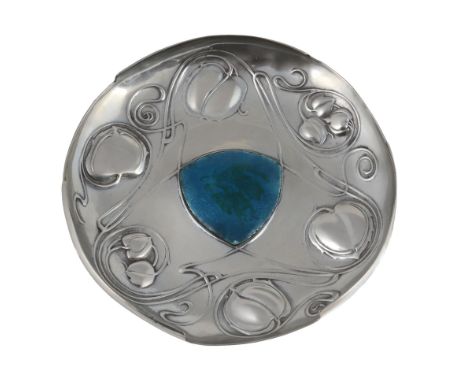  Archibald Knox for Liberty  &  Co., The Bollellin Shield, a Tudric pewter and enamel circular dish,   model no.044, cast in 