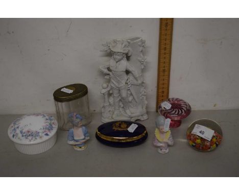 Mixed Lot: Various items to include paperweight, pin cushion doll, bisque figural vase, trinket boxes etc
