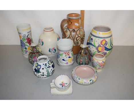 Group of mainly Poole Pottery wares, various vases and jugs together with a large Langley jug