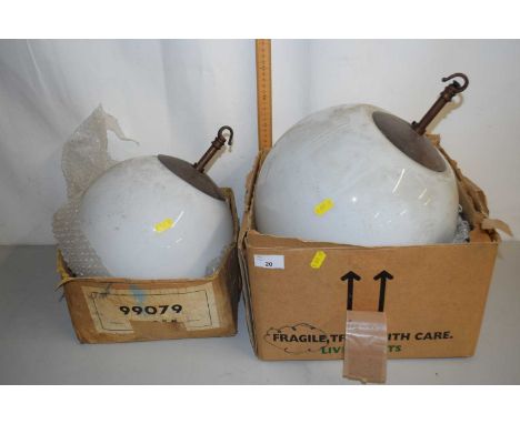 Two early 20th Century hanging ceiling light fittings with globe formed opaque glass shades (one a/f)
