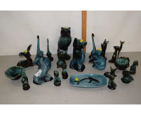 Group of ceramic green glazed animals, owls, deer etc
