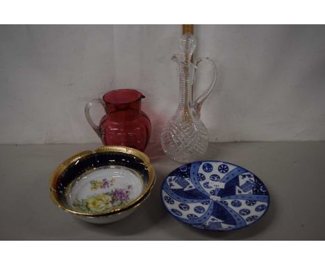 Japanese porcelain plate with blue and white design together with two continental porcelain dishes, cut glass decanter and ru