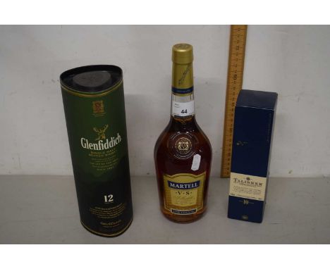 20cl bottle of Talisker whisky, bottle of Glenfiddich whisky 350ml and a further bottle of Martel Cognac (3)